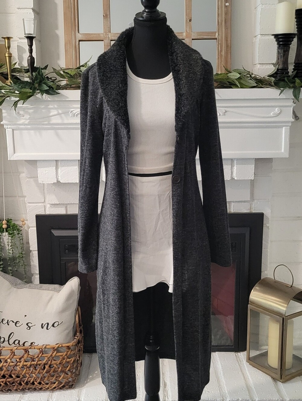 Vintage 90s Whimsigoth Long Charcoal Gray Button-Front Faux Fur Collar Cardigan - Picture 3 of 9